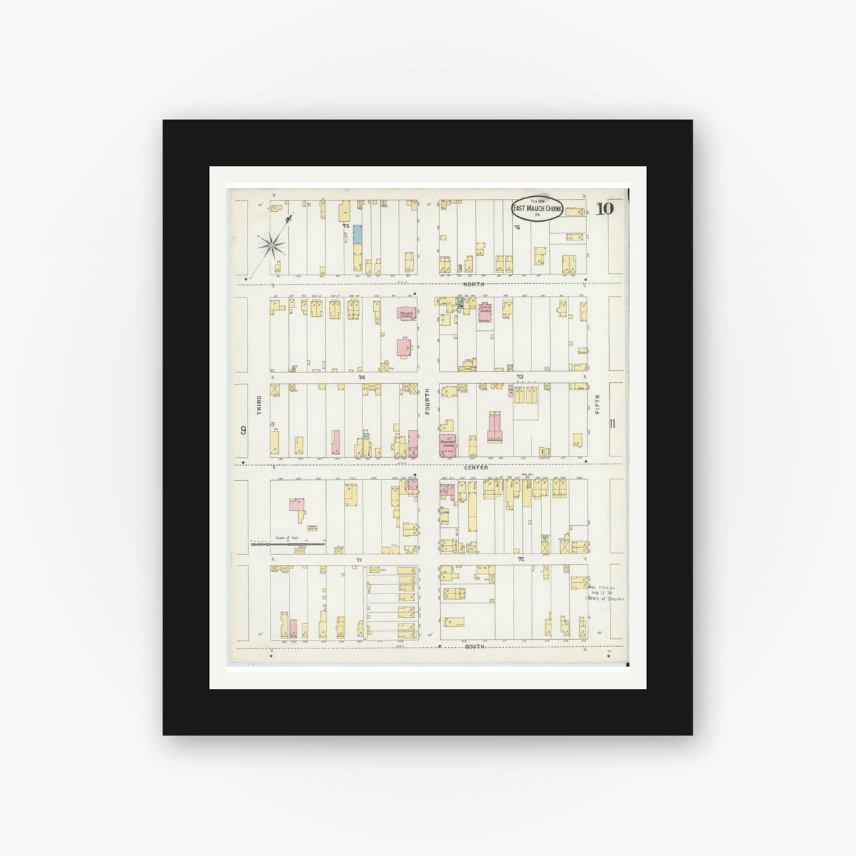 Old map wall art mockup — black gallery frame with white mat — Sanborn Fire Insurance Map from Mauch Chunk, Carbon County, Pennsylvania (1896), Sheet #0010
