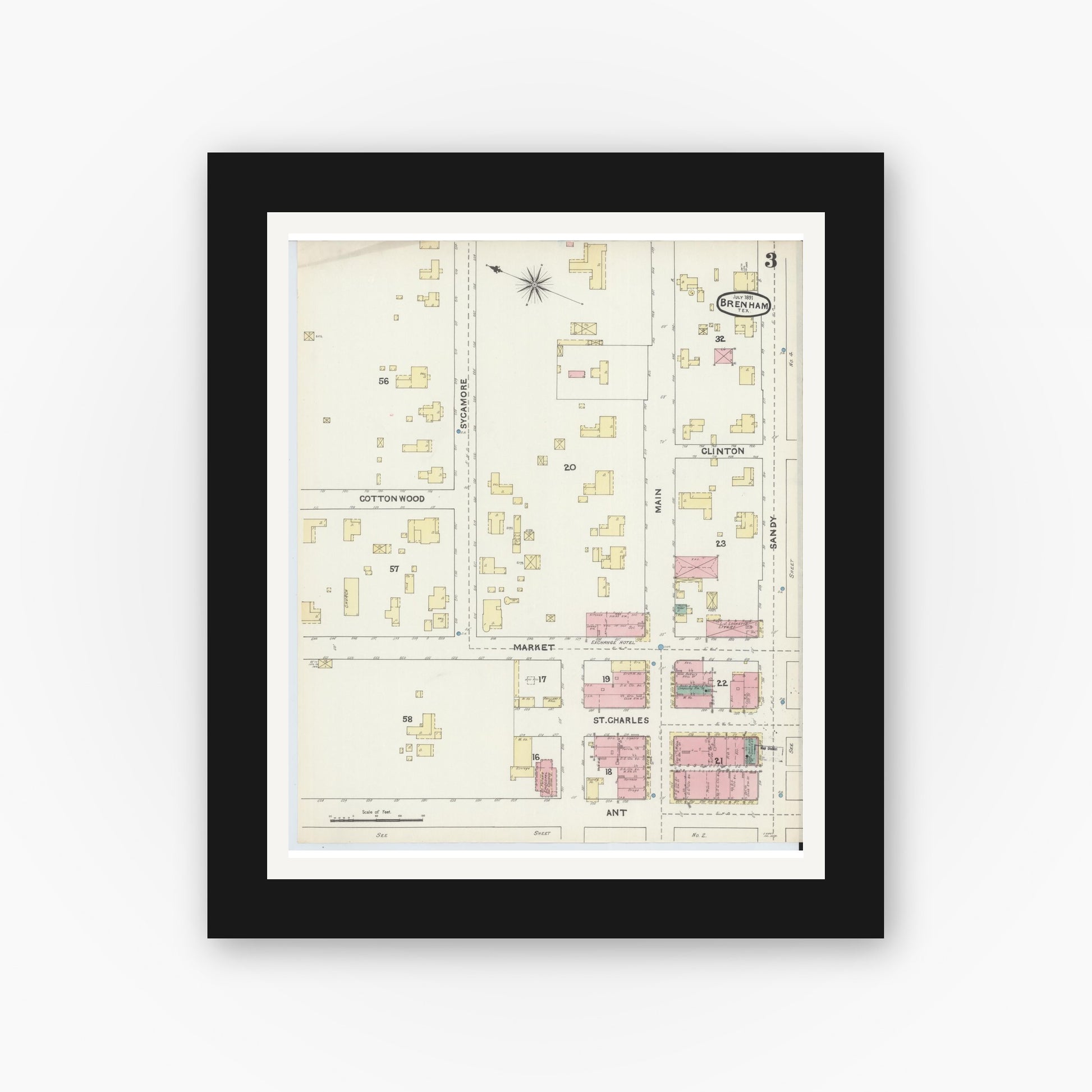Old map wall art mockup — black gallery frame with white mat — Sanborn Fire Insurance Map from Brenham, Washington County, Texas (1891), Sheet #0003