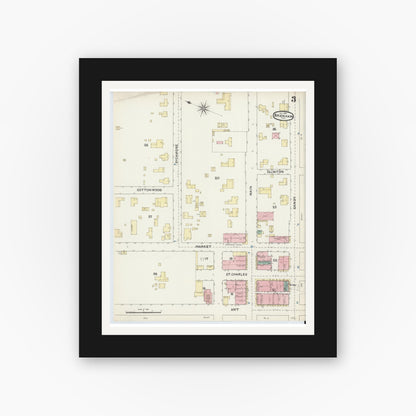 Old map wall art mockup — black gallery frame with white mat — Sanborn Fire Insurance Map from Brenham, Washington County, Texas (1891), Sheet #0003
