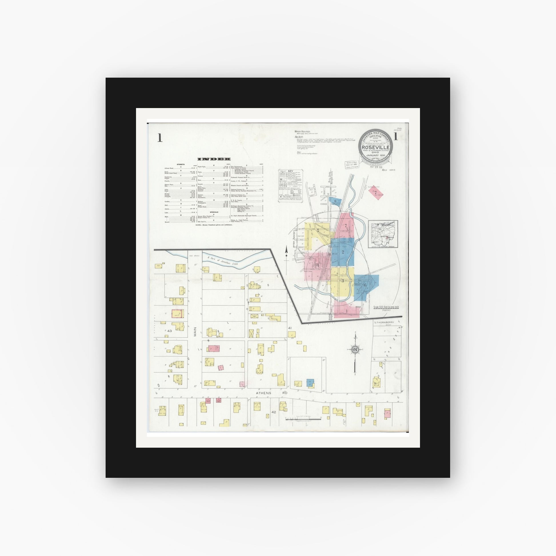 Old map wall art mockup — black gallery frame with white mat — Sanborn Fire Insurance Map from Roseville, Perry And Muskingum Counties, Ohio (1930) - Complete Map Set