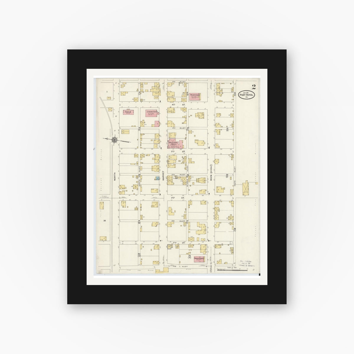 Old map wall art mockup — black gallery frame with white mat — Sanborn Fire Insurance Map from Port Royal, Juniata County, Pennsylvania (1911), Sheet #0002