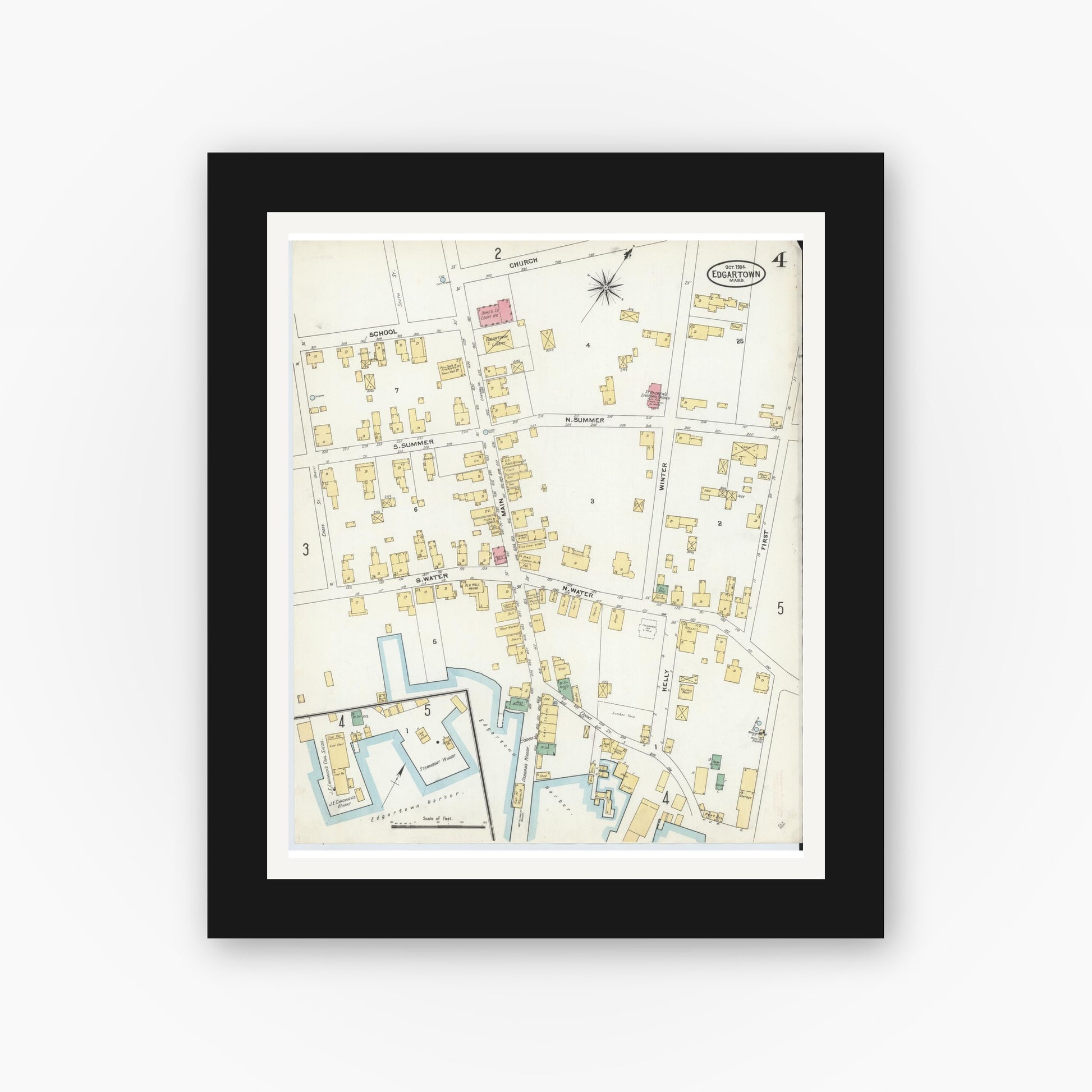Old map wall art mockup — black gallery frame with white mat — Sanborn Fire Insurance Map from Edgartown, Dukes County, Massachusetts (1904), Sheet #0004