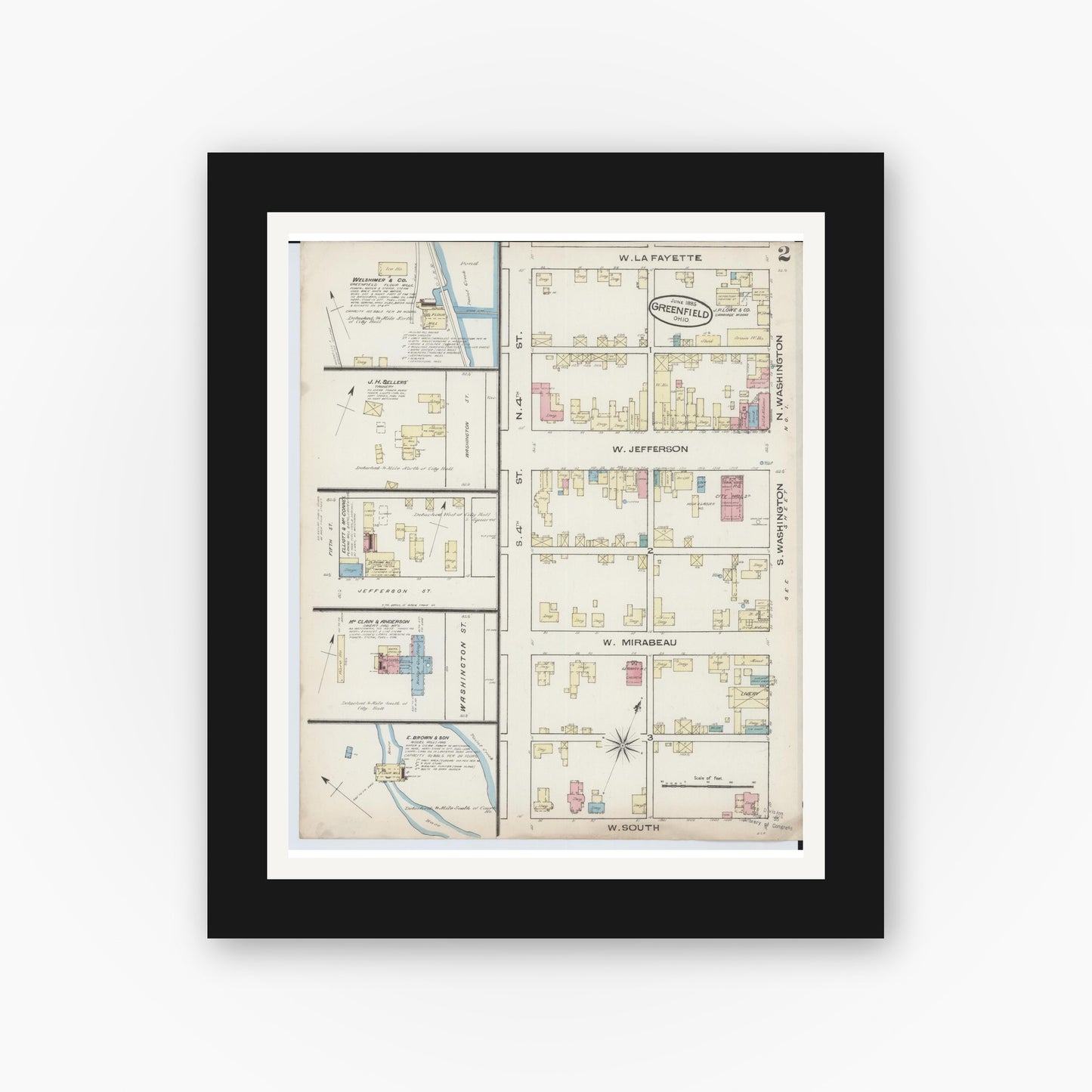 Old map wall art mockup — black gallery frame with white mat — Sanborn Fire Insurance Map from Greenfield, Highland County, Ohio (1885), Sheet #0002