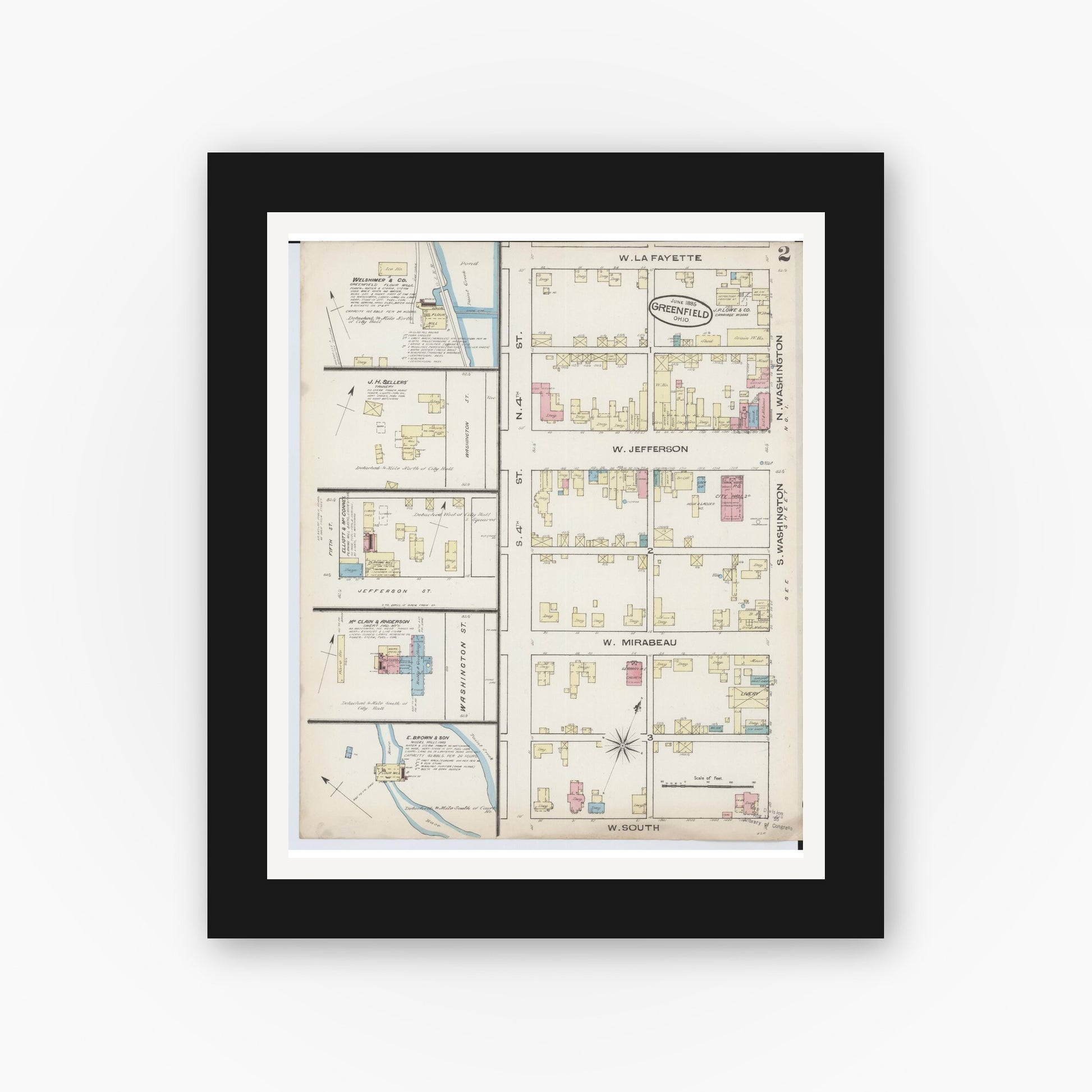 Old map wall art mockup — black gallery frame with white mat — Sanborn Fire Insurance Map from Greenfield, Highland County, Ohio (1885), Sheet #0002
