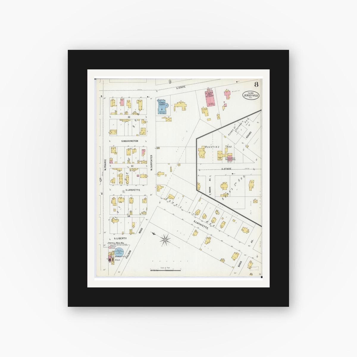 Old map wall art mockup — black gallery frame with white mat — Sanborn Fire Insurance Map from Jerseyville, Jersey County, Illinois (1900), Sheet #0008