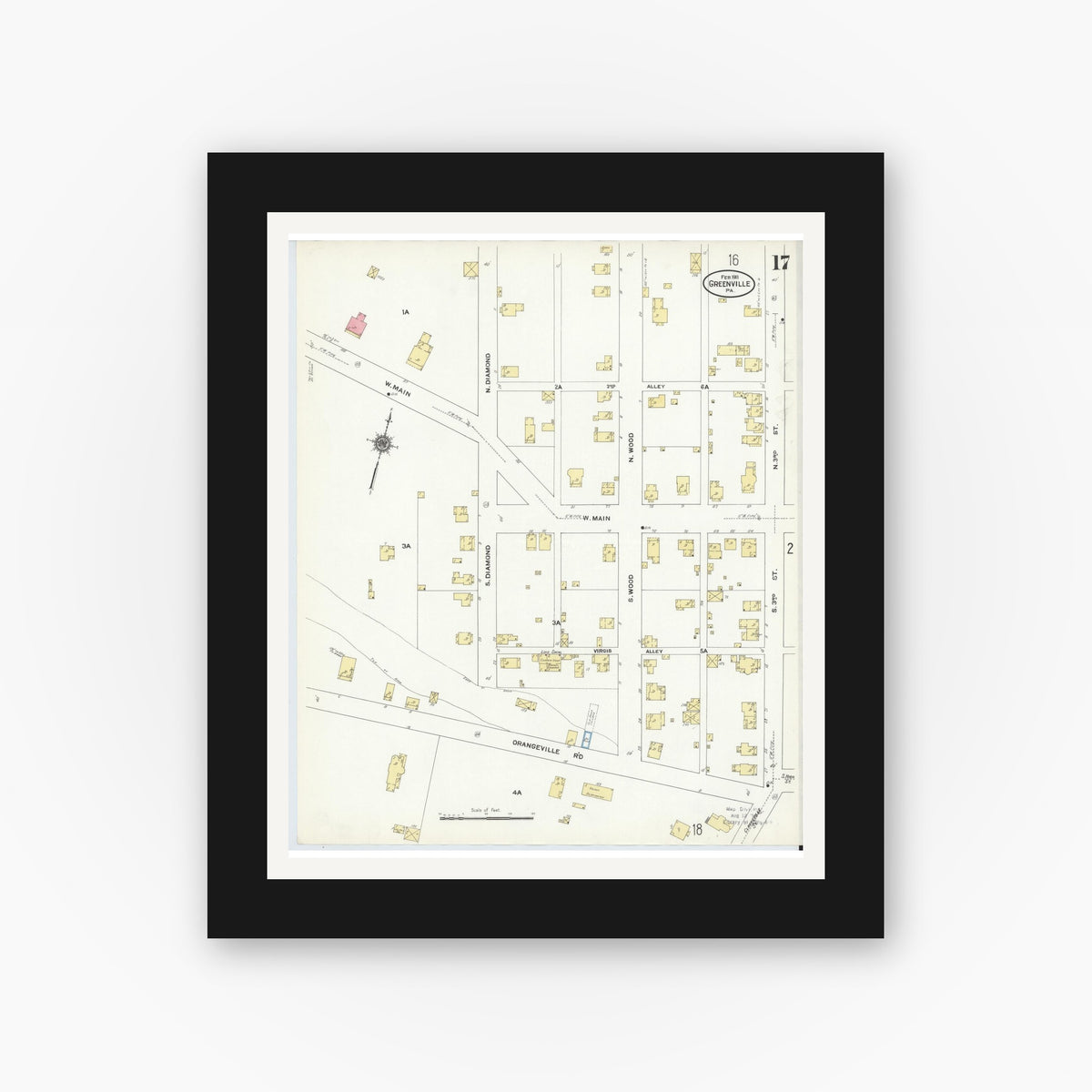 Old map wall art mockup — black gallery frame with white mat — Sanborn Fire Insurance Map from Greenville, Mercer County, Pennsylvania (1911), Sheet #0017