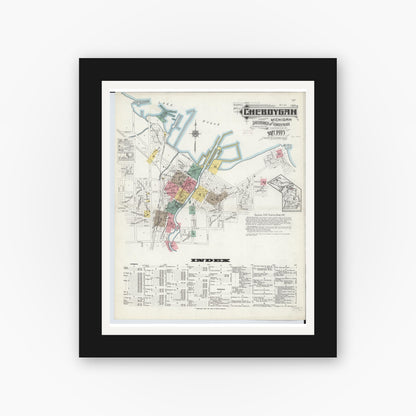 Old map wall art mockup — black gallery frame with white mat — Sanborn Fire Insurance Map from Cheboygan, Cheboygan County, Michigan (1915), Sheet #0001