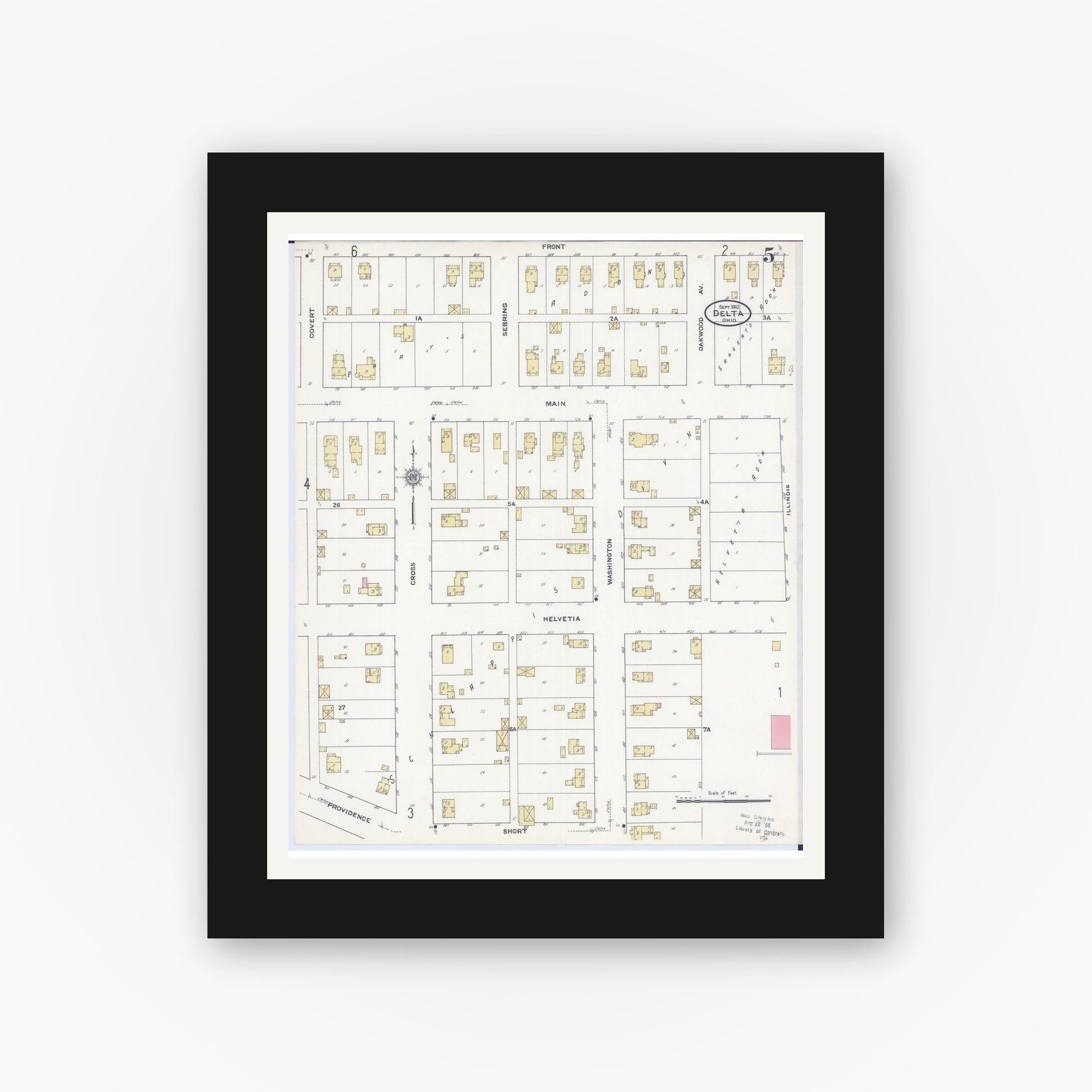 Old map wall art mockup — black gallery frame with white mat — Sanborn Fire Insurance Map from Delta, Fulton County, Ohio (1910), Sheet #0005