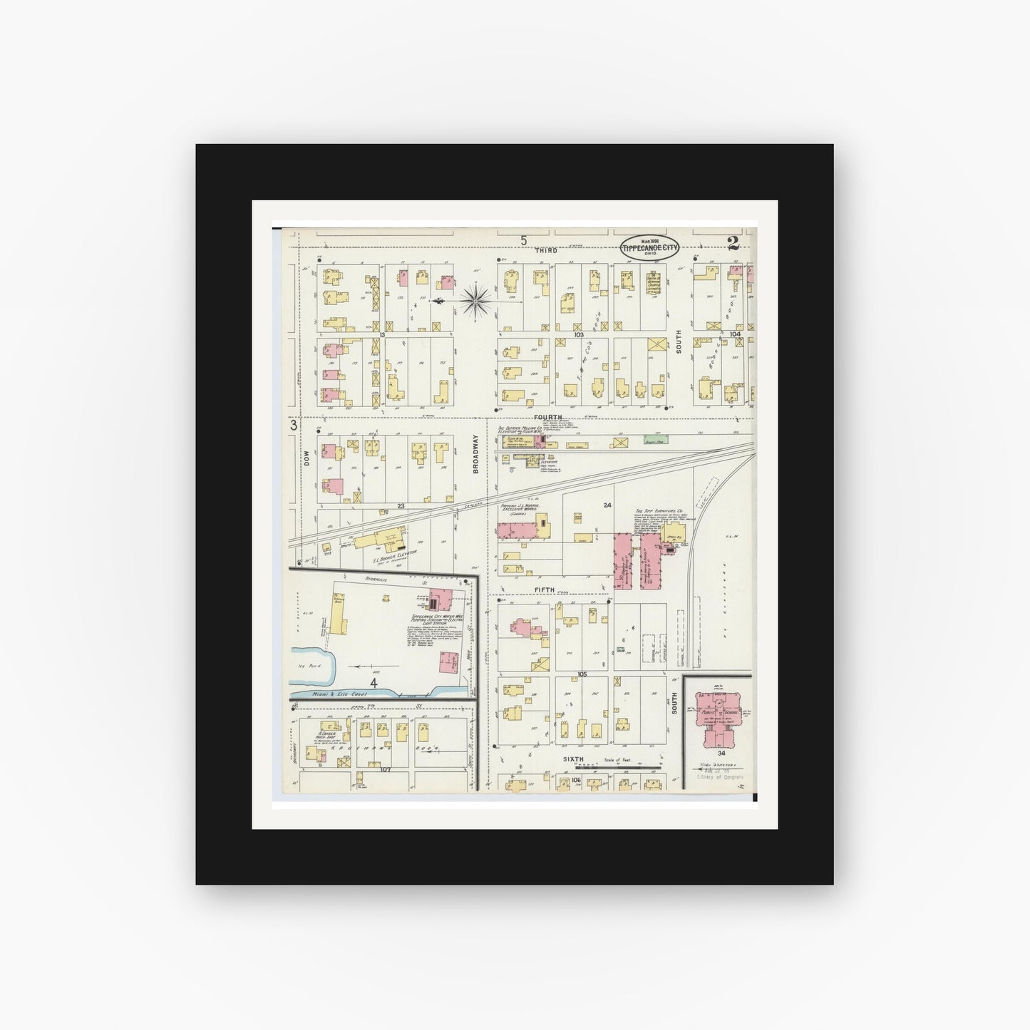 Old map wall art mockup — black gallery frame with white mat — Sanborn Fire Insurance Map from Tipp City, Miami County, Ohio (1898), Sheet #0002