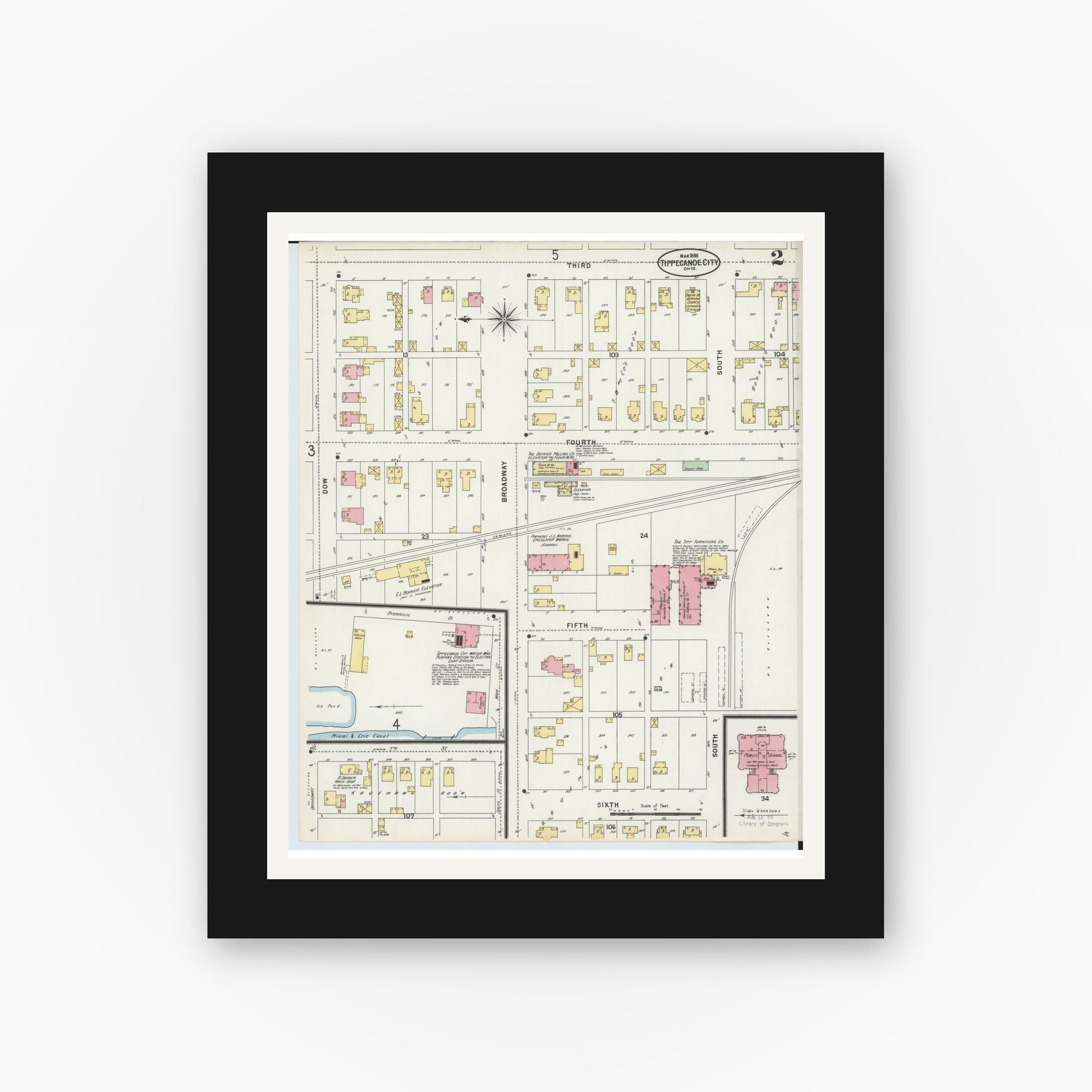 Old map wall art mockup — black gallery frame with white mat — Sanborn Fire Insurance Map from Tipp City, Miami County, Ohio (1898), Sheet #0002