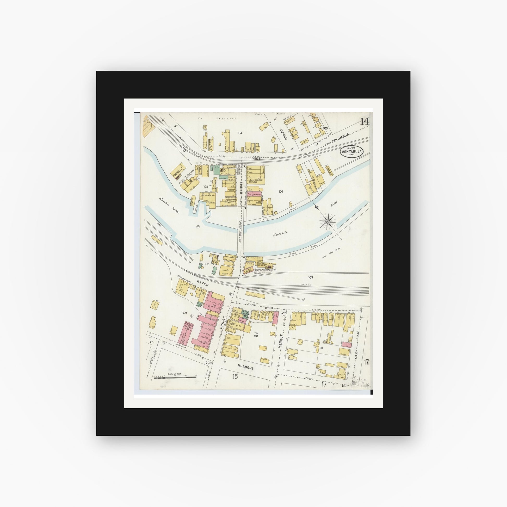Old map wall art mockup — black gallery frame with white mat — Sanborn Fire Insurance Map from Ashtabula, Ashtabula County, Ohio (1898), Sheet #0014