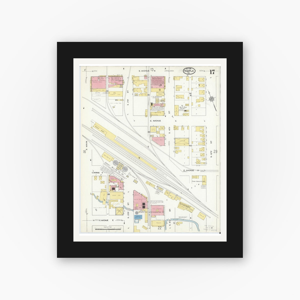 Old map wall art mockup — black gallery frame with white mat — Sanborn Fire Insurance Map from Temple, Bell County, Texas (1915), Sheet #0017