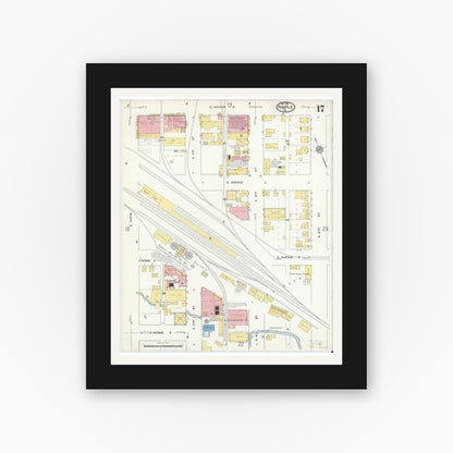 Old map wall art mockup — black gallery frame with white mat — Sanborn Fire Insurance Map from Temple, Bell County, Texas (1915), Sheet #0017