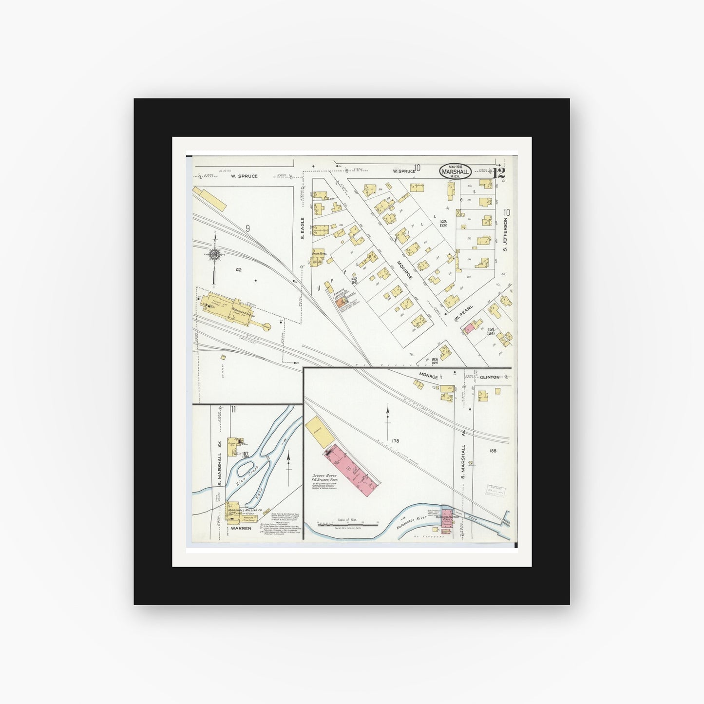Old map wall art mockup — black gallery frame with white mat — Sanborn Fire Insurance Map from Marshall, Calhoun County, Michigan (1916), Sheet #0012