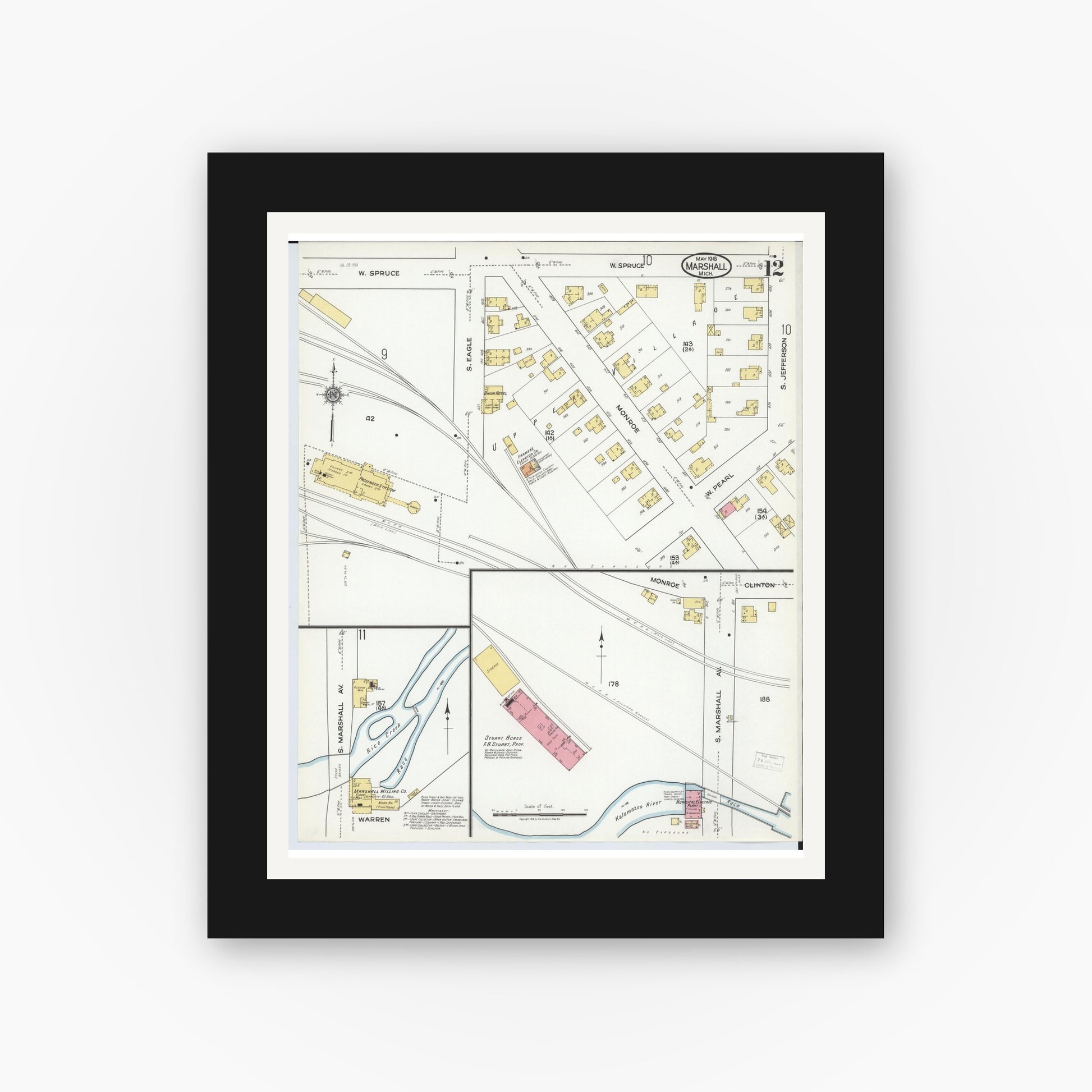 Old map wall art mockup — black gallery frame with white mat — Sanborn Fire Insurance Map from Marshall, Calhoun County, Michigan (1916), Sheet #0012