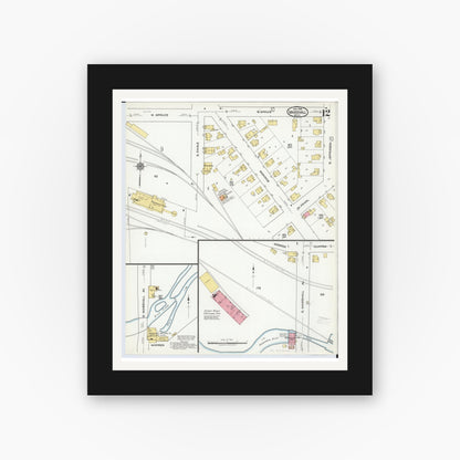 Old map wall art mockup — black gallery frame with white mat — Sanborn Fire Insurance Map from Marshall, Calhoun County, Michigan (1916), Sheet #0012