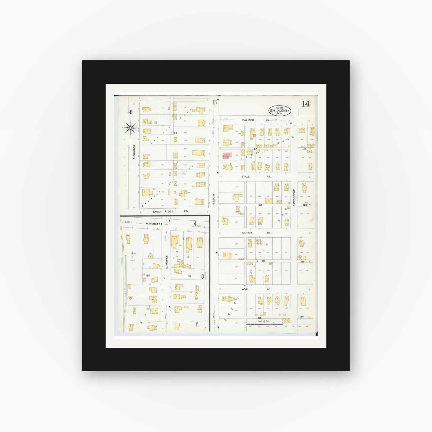 Old map wall art mockup — black gallery frame with white mat — Sanborn Fire Insurance Map from Bowling Green, Wood County, Ohio (1908), Sheet #0014