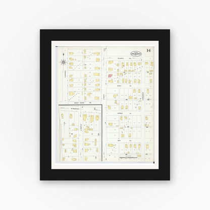 Old map wall art mockup — black gallery frame with white mat — Sanborn Fire Insurance Map from Bowling Green, Wood County, Ohio (1908), Sheet #0014
