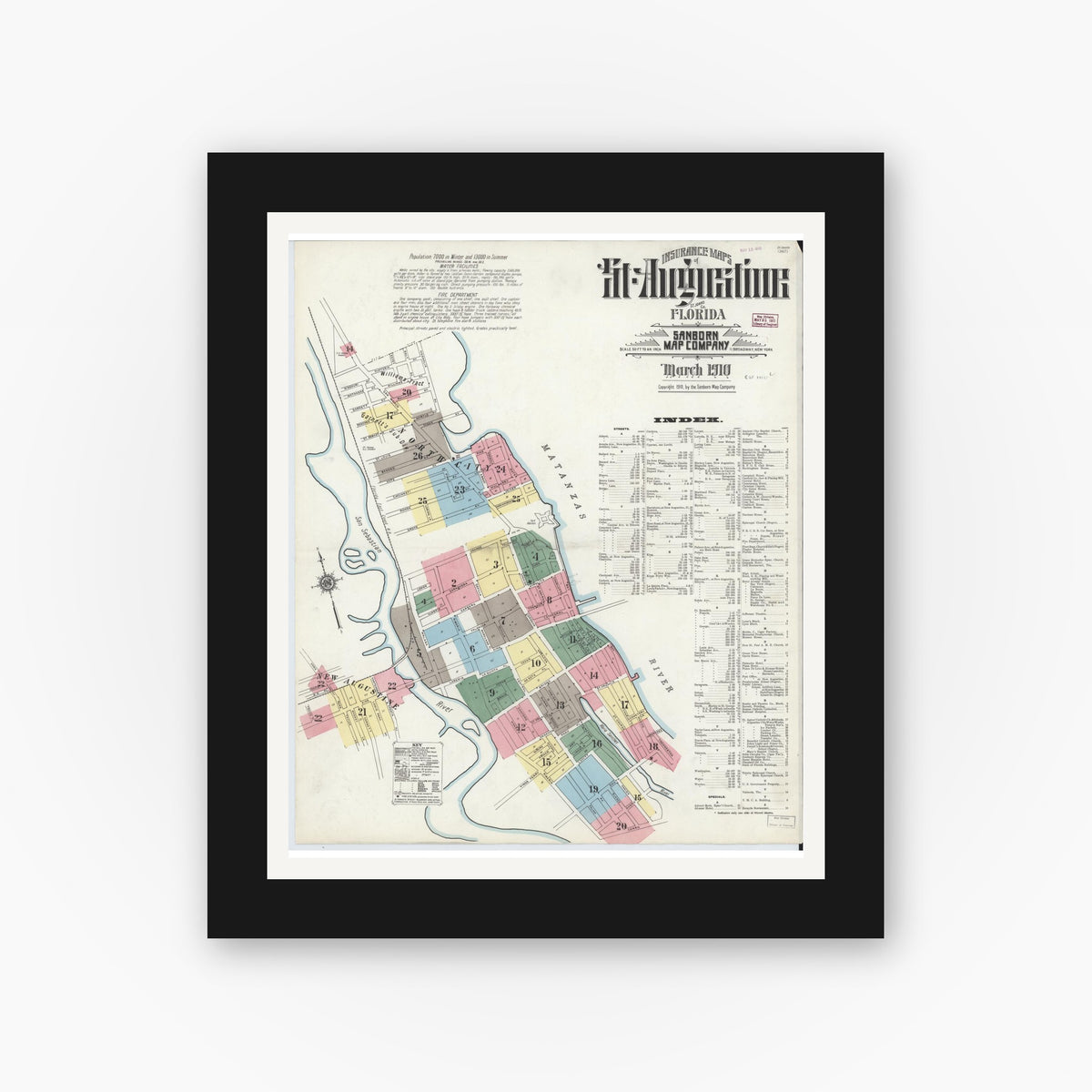 Old map wall art mockup — black gallery frame with white mat — Sanborn Fire Insurance Map from Saint Augustine, Saint John's County, Florida (1910) - Complete Map Set