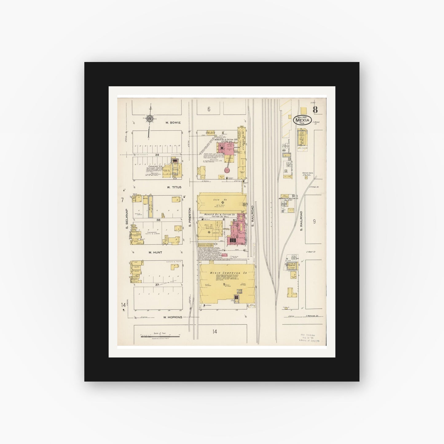 Old map wall art mockup — black gallery frame with white mat — Sanborn Fire Insurance Map from Mexia, Limestone County, Texas (1922), Sheet #0008
