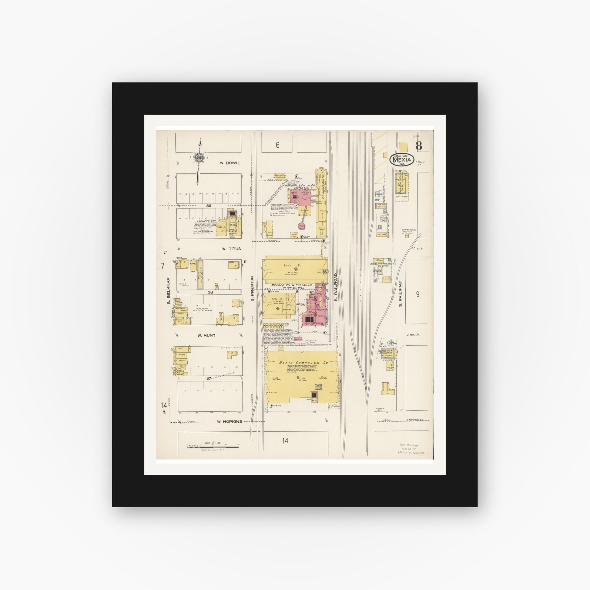 Old map wall art mockup — black gallery frame with white mat — Sanborn Fire Insurance Map from Mexia, Limestone County, Texas (1922), Sheet #0008