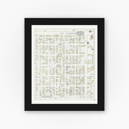 Old map wall art mockup — black gallery frame with white mat — Sanborn Fire Insurance Map from Port Arthur, Jefferson County, Texas (1918), Sheet #0013