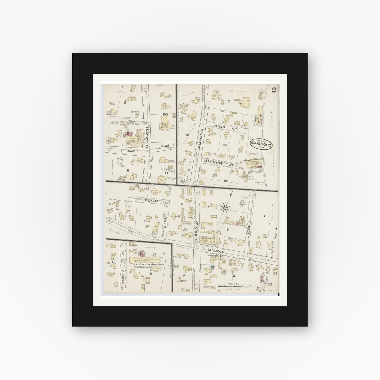 Old map wall art mockup — black gallery frame with white mat — Sanborn Fire Insurance Map from Marlborough, Middlesex County, Massachusetts (1885), Sheet #0002