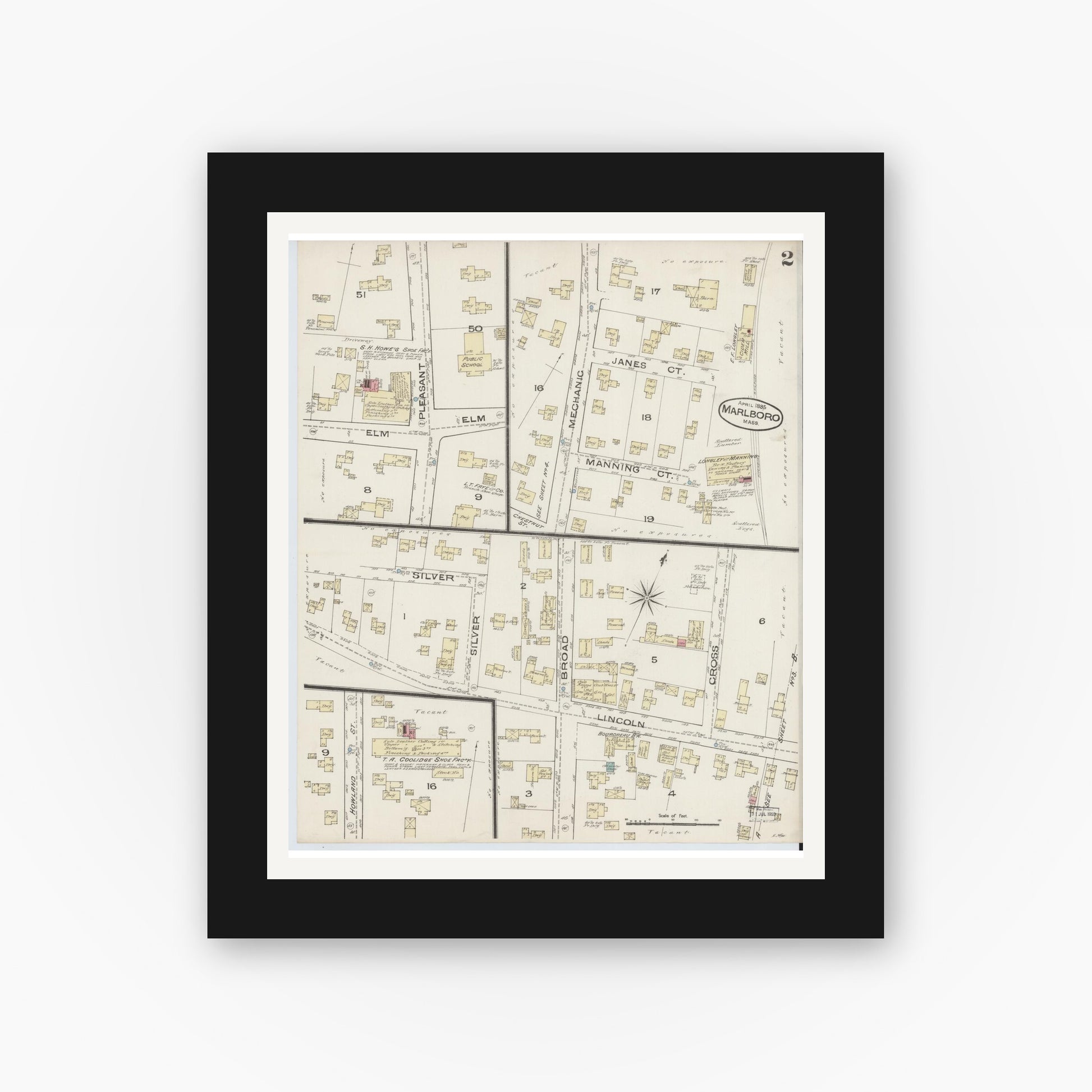 Old map wall art mockup — black gallery frame with white mat — Sanborn Fire Insurance Map from Marlborough, Middlesex County, Massachusetts (1885), Sheet #0002