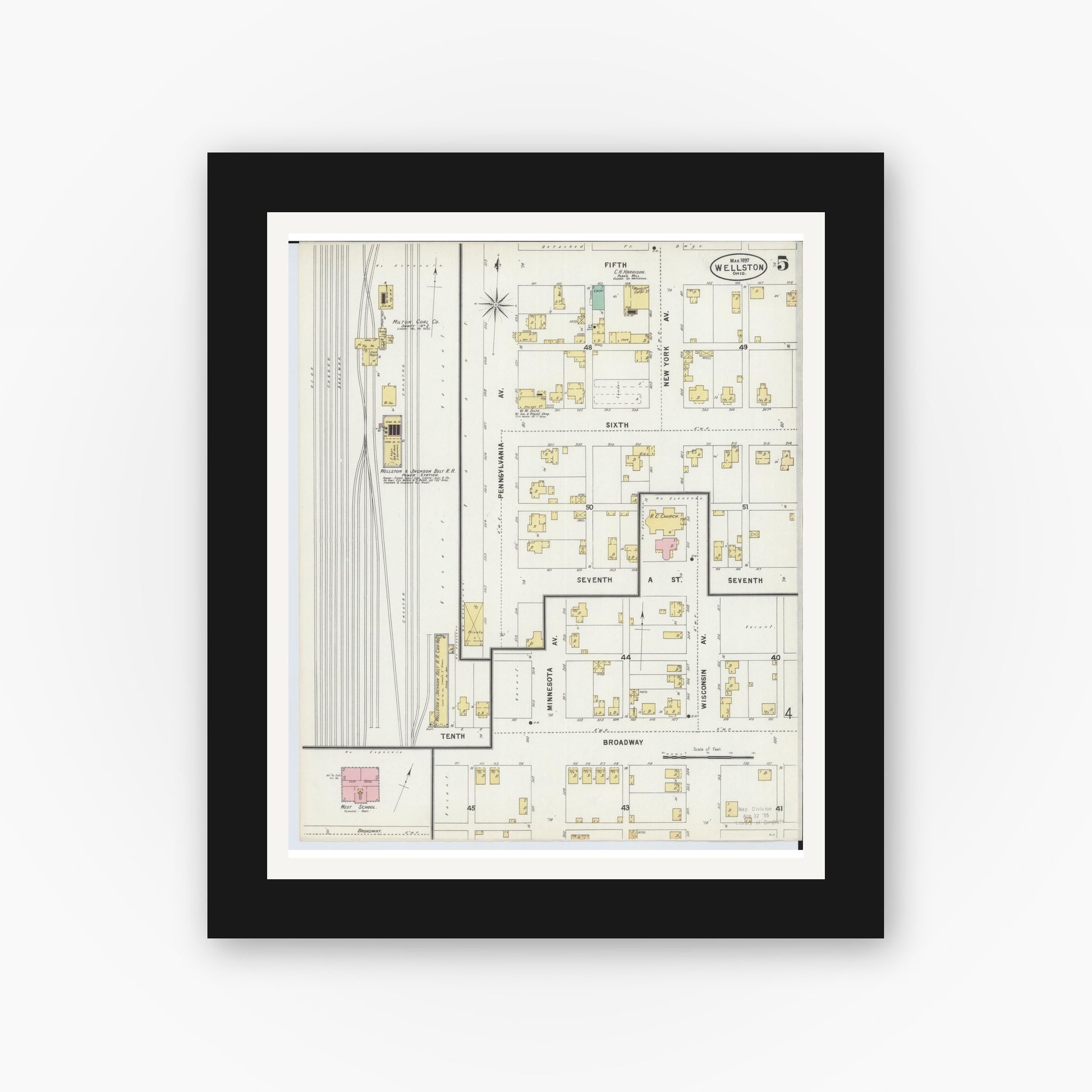 Old map wall art mockup — black gallery frame with white mat — Sanborn Fire Insurance Map from Wellston, Jackson County, Ohio (1897), Sheet #0005