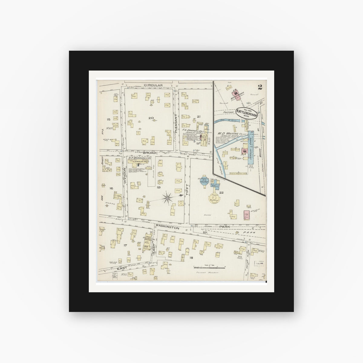 Old map wall art mockup — black gallery frame with white mat — Sanborn Fire Insurance Map from North Attleborough, Bristol County, Massachusetts (1885), Sheet #0002