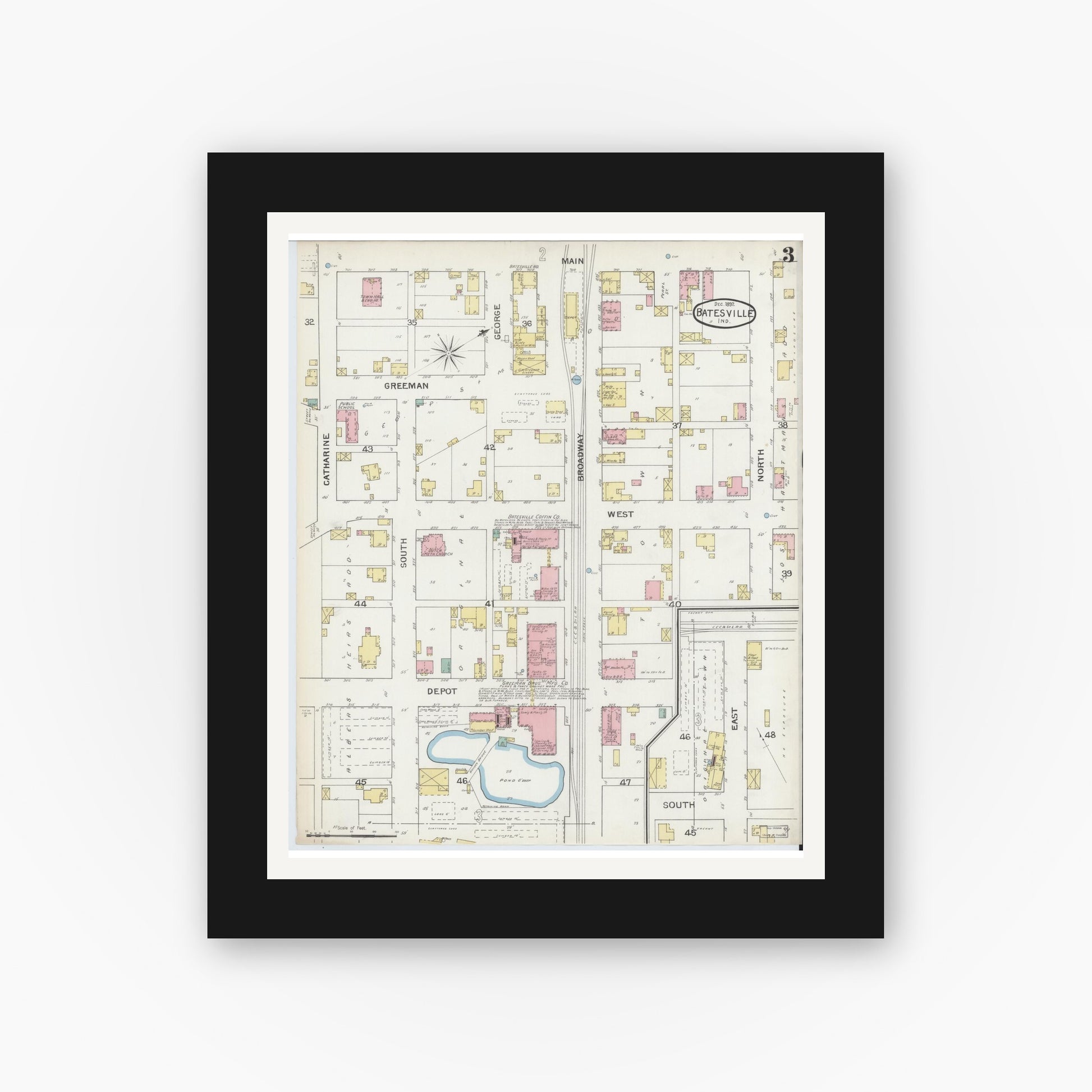 Old map wall art mockup — black gallery frame with white mat — Sanborn Fire Insurance Map from Batesville, Ripley County, Indiana (1892), Sheet #0003