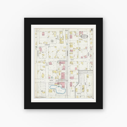 Old map wall art mockup — black gallery frame with white mat — Sanborn Fire Insurance Map from Batesville, Ripley County, Indiana (1892), Sheet #0003