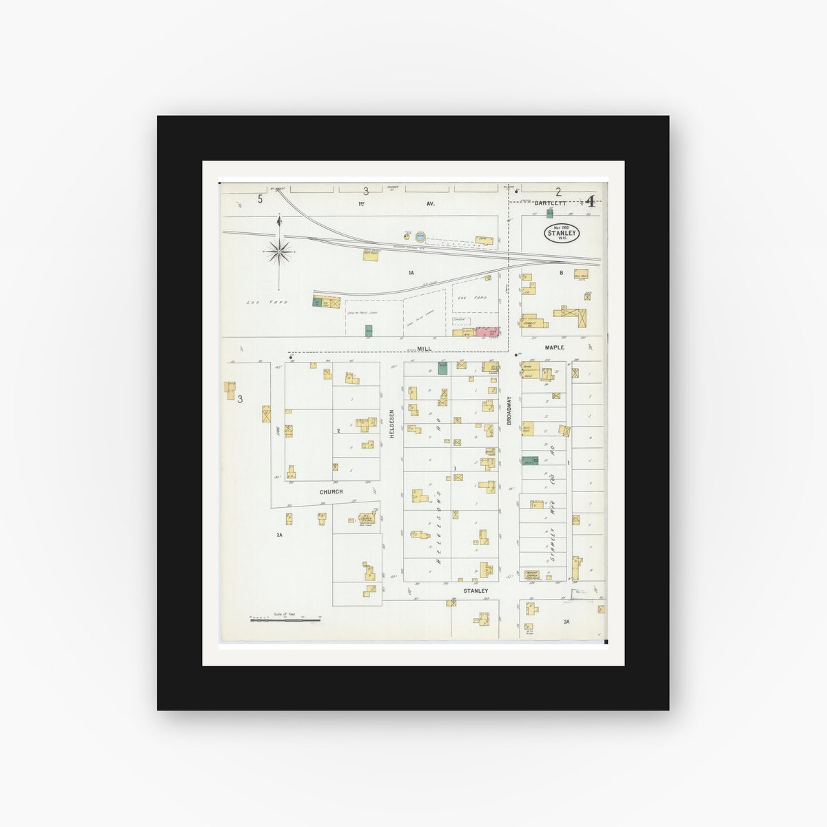 Old map wall art mockup — black gallery frame with white mat — Sanborn Fire Insurance Map from Stanley, Chippewa County, Wisconsin (1900), Sheet #0004