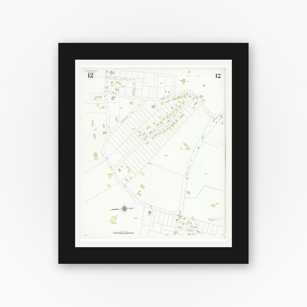 Old map wall art mockup — black gallery frame with white mat — Sanborn Fire Insurance Map from Needham, Norfolk County, Massachusetts (1937), Sheet #0012