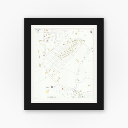 Old map wall art mockup — black gallery frame with white mat — Sanborn Fire Insurance Map from Needham, Norfolk County, Massachusetts (1937), Sheet #0012