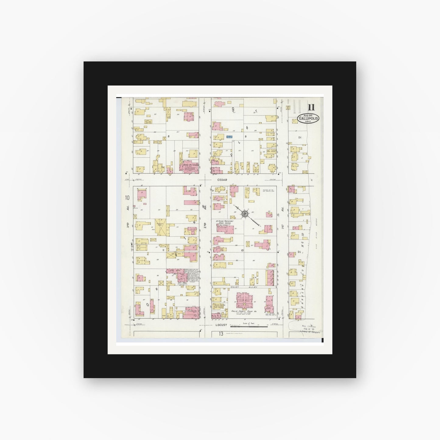 Old map wall art mockup — black gallery frame with white mat — Sanborn Fire Insurance Map from Gallipolis, Gallia County, Ohio (1916), Sheet #0011