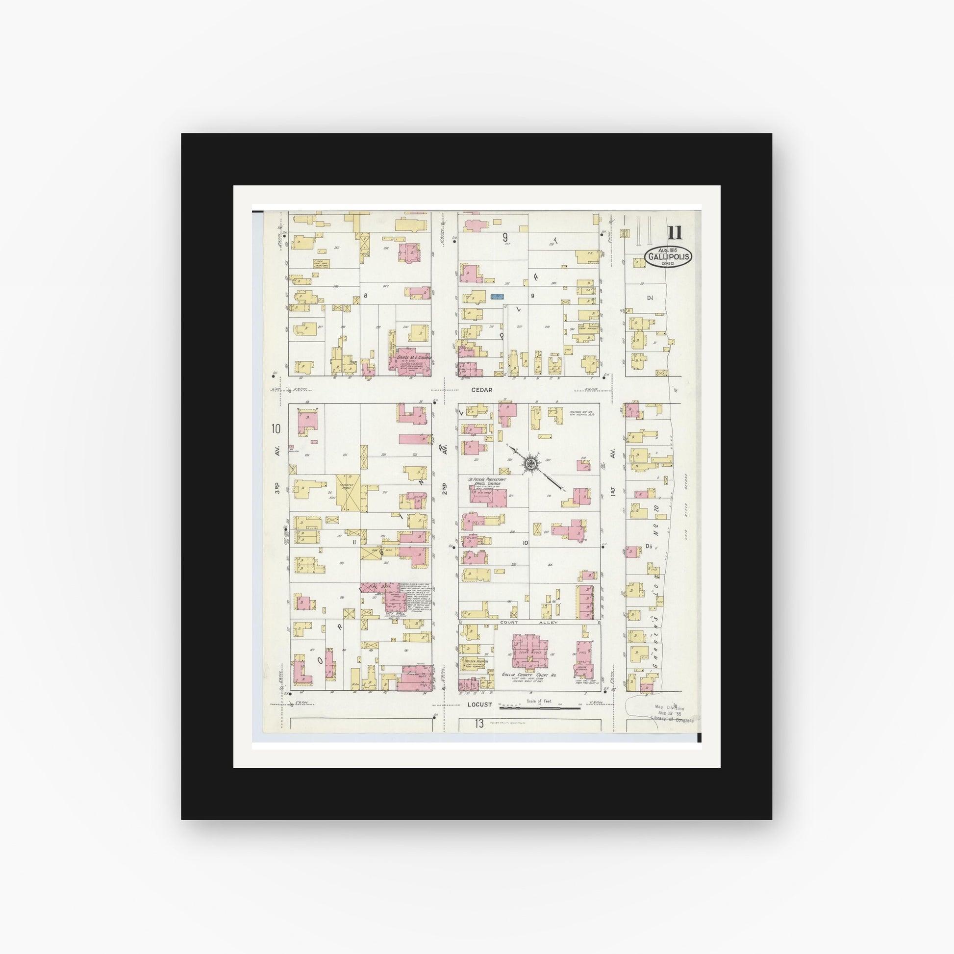 Old map wall art mockup — black gallery frame with white mat — Sanborn Fire Insurance Map from Gallipolis, Gallia County, Ohio (1916), Sheet #0011