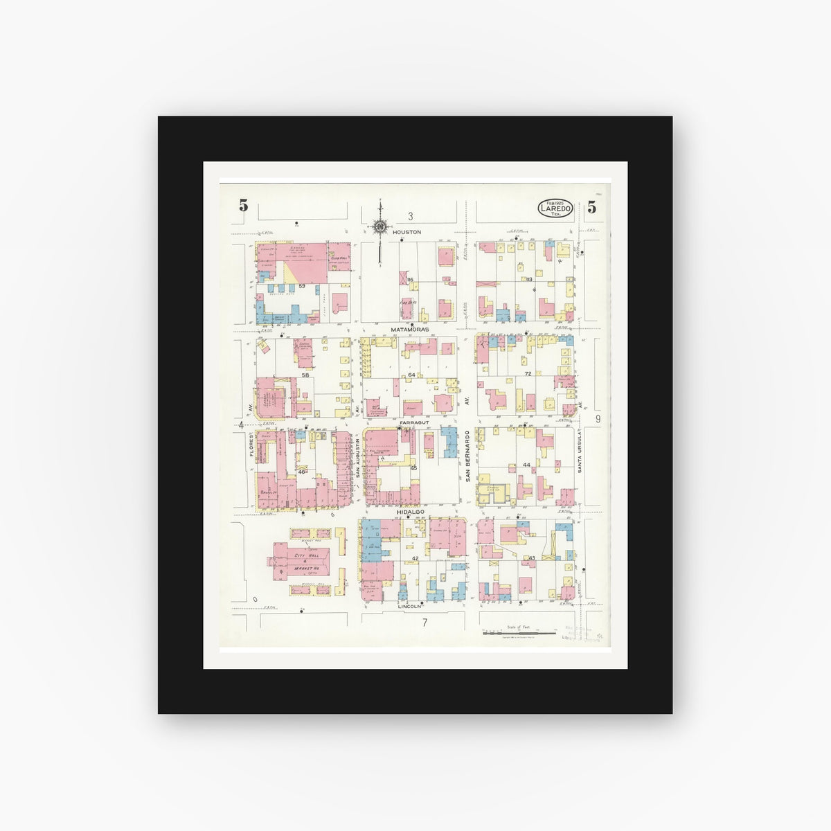 Old map wall art mockup — black gallery frame with white mat — Sanborn Fire Insurance Map from Laredo, Webb County, Texas (1925), Sheet #0005