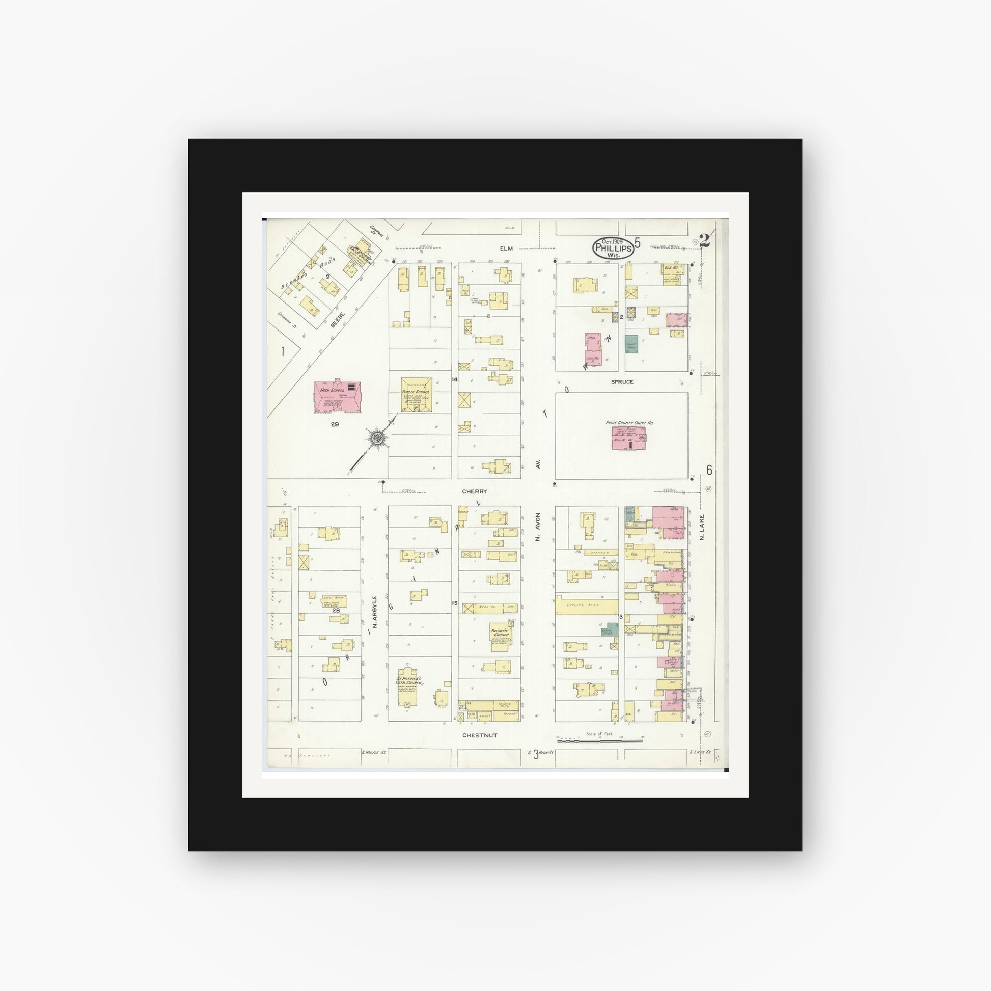 Old map wall art mockup — black gallery frame with white mat — Sanborn Fire Insurance Map from Phillips, Price County, Wisconsin (1909), Sheet #0002