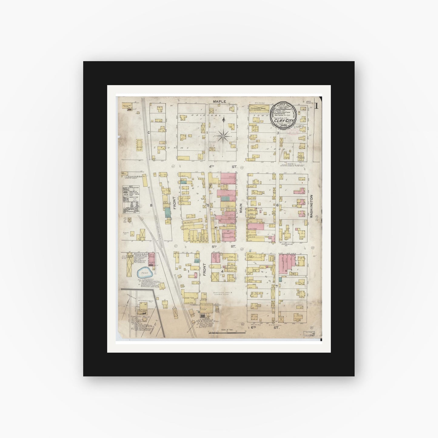 Old map wall art mockup — black gallery frame with white mat — Sanborn Fire Insurance Map from Clay City, Clay County, Indiana (1892) - Complete Map Set