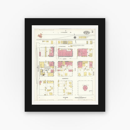 Old map wall art mockup — black gallery frame with white mat — Sanborn Fire Insurance Map from Giddings, Lee County, Texas (1921), Sheet #0002