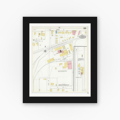 Old map wall art mockup — black gallery frame with white mat — Sanborn Fire Insurance Map from Texarkana, Bowie County, Texas (1909), Sheet #0033
