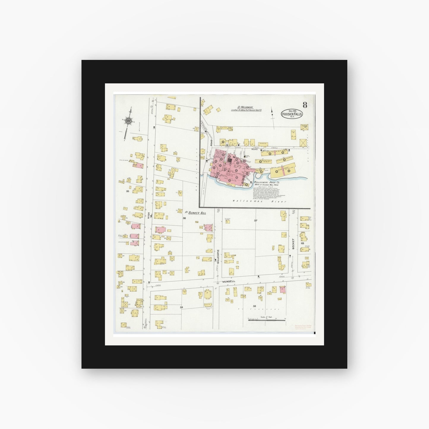 Old map wall art mockup — black gallery frame with white mat — Sanborn Fire Insurance Map from Hoosick Falls, Rensselaer County, New York (1910), Sheet #0008