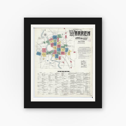 Old map wall art mockup — black gallery frame with white mat — Sanborn Fire Insurance Map from Warren, Trumbull County, Ohio (1908) - Complete Map Set