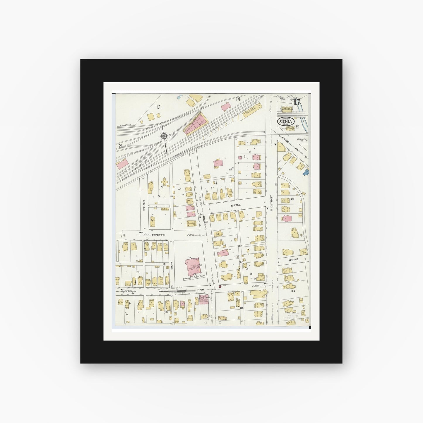Old map wall art mockup — black gallery frame with white mat — Sanborn Fire Insurance Map from Xenia, Greene County, Ohio (1919), Sheet #0017