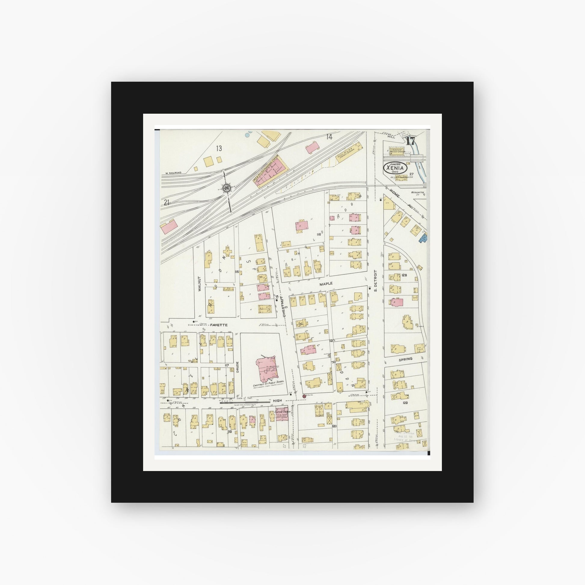 Old map wall art mockup — black gallery frame with white mat — Sanborn Fire Insurance Map from Xenia, Greene County, Ohio (1919), Sheet #0017