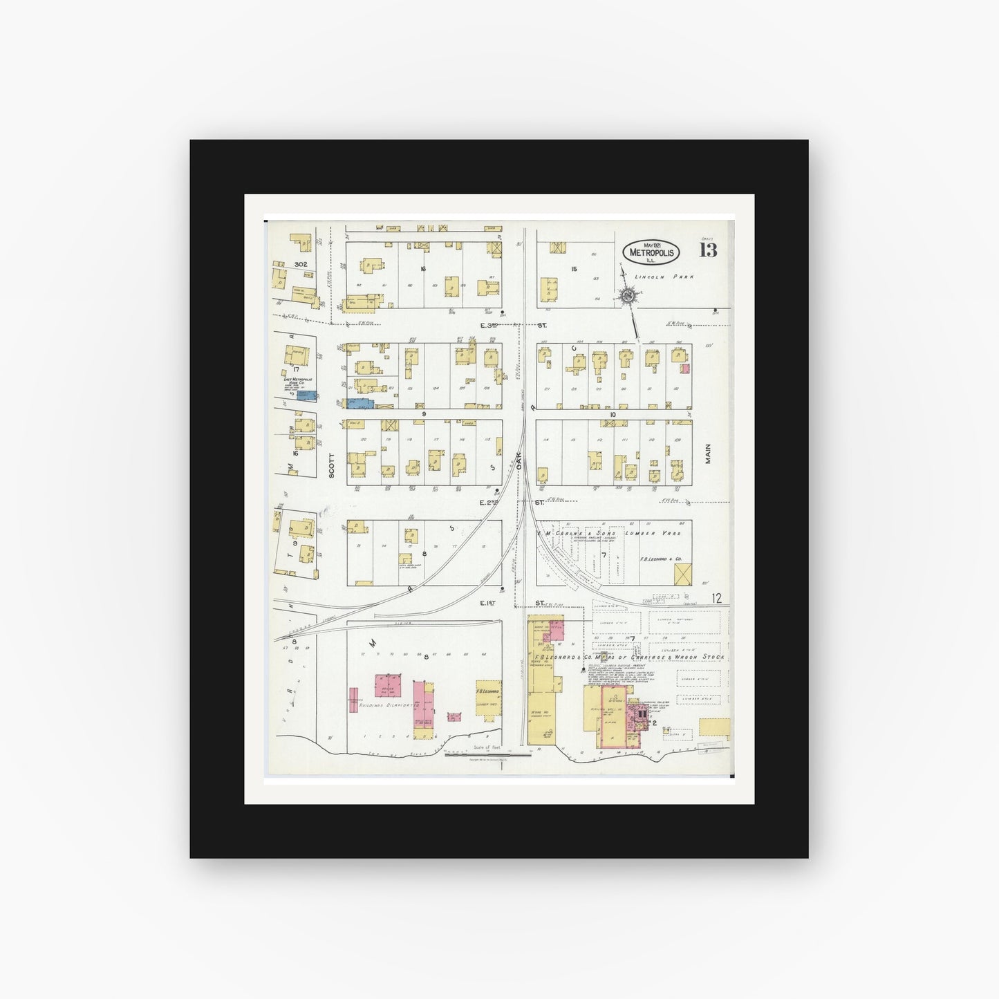Old map wall art mockup — black gallery frame with white mat — Sanborn Fire Insurance Map from Metropolis, Massac County, Illinois (1921), Sheet #0013