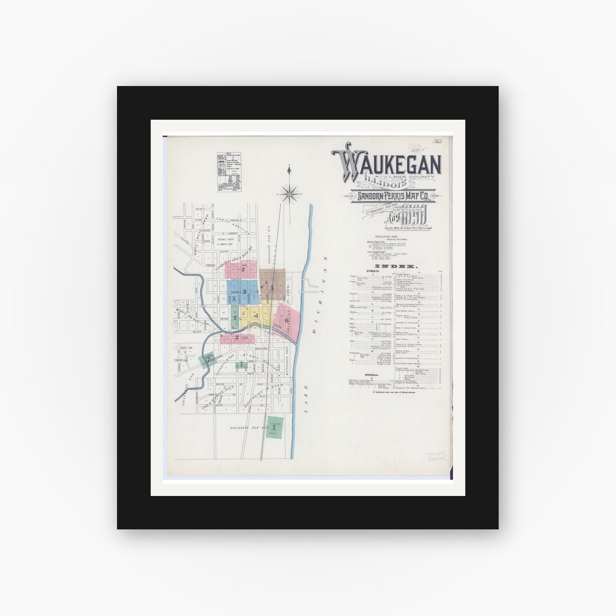 Old map wall art mockup — black gallery frame with white mat — Sanborn Fire Insurance Map from Waukegan, Lake County, Illinois (1890), Sheet #0001