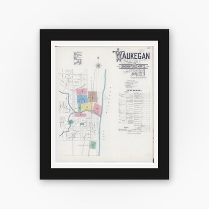 Old map wall art mockup — black gallery frame with white mat — Sanborn Fire Insurance Map from Waukegan, Lake County, Illinois (1890), Sheet #0001