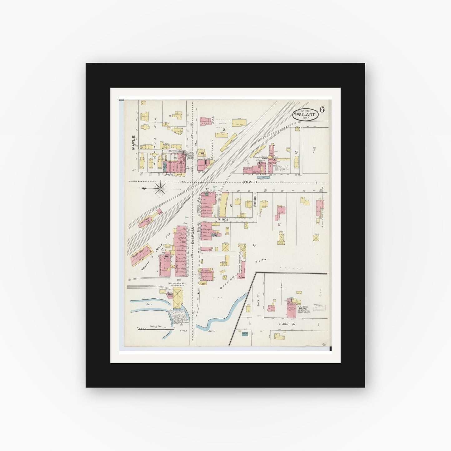 Old map wall art mockup — black gallery frame with white mat — Sanborn Fire Insurance Map from Ypsilanti, Washtenaw County, Michigan (1893), Sheet #0006